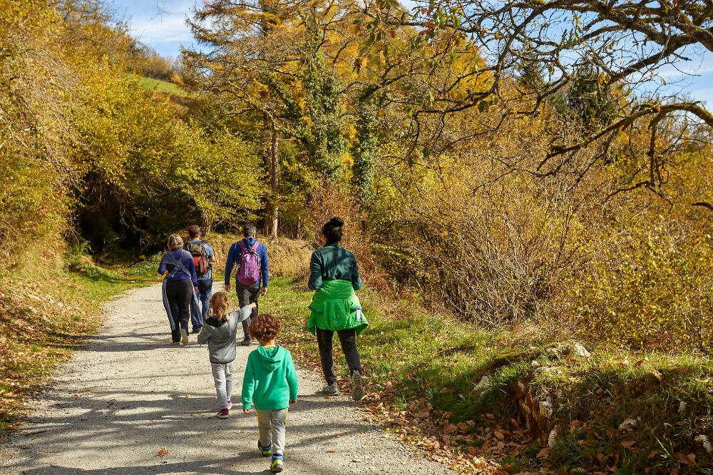 adultos y niños andando por la vía verde del Plazaola en otoño